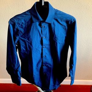 Calvin Klein Blue, Gray, and Black Checkered Slim Fit Non-Iron 100% Cotton Shirt